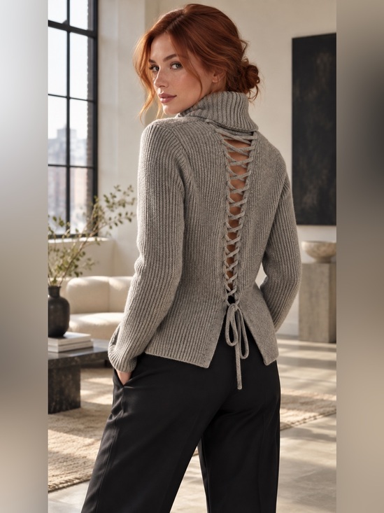 A.L.C. Sweaters - A.L.C. XS Gray Wool Cashmere Turtleneck Lace-Up Back Sweater